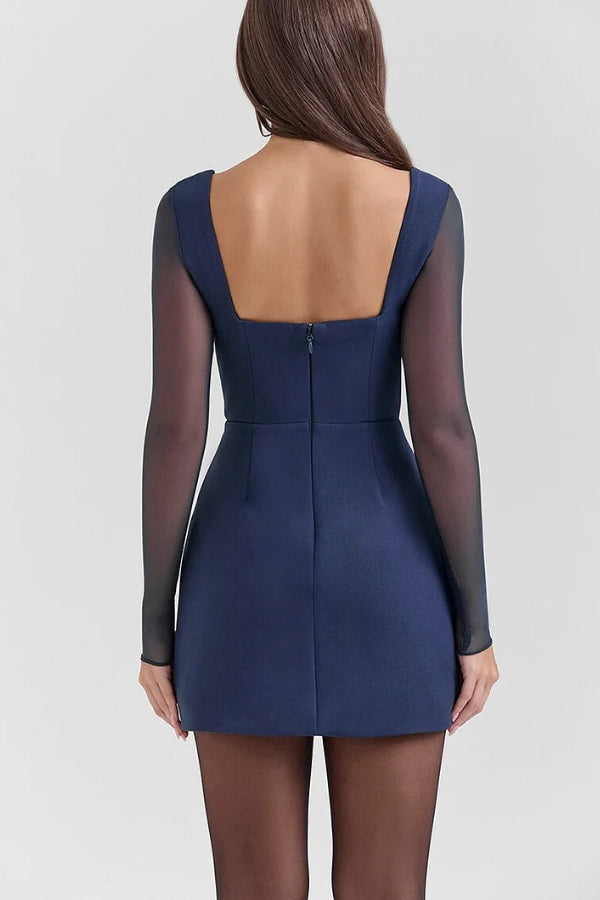 Deep V Neck Mesh Patchwork Long Sleeve A-line Mini Dresses-blue [pre Order]