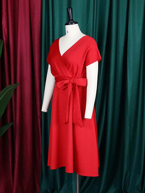 Bowknot Lace-up Color V-neck Midi Dresses