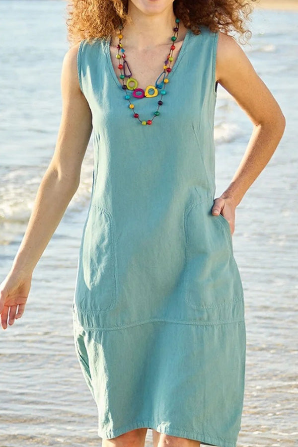 Chun Color Cotton and Linen U-neck Sleeveless Pocket Midi Dress