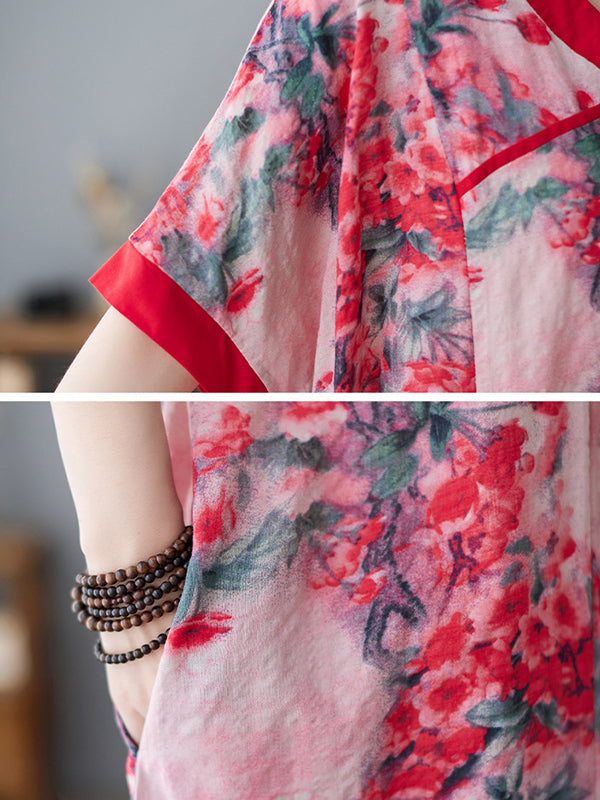 Loose Artistic Retro Printed Split-joint V-neck Midi Dress