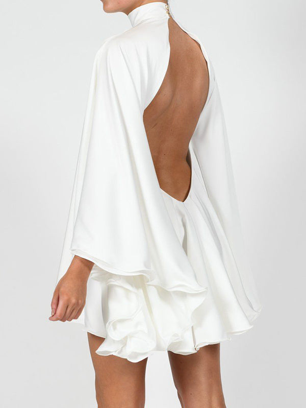 Color High-neck Backless Flared Sleeves Mini Dress