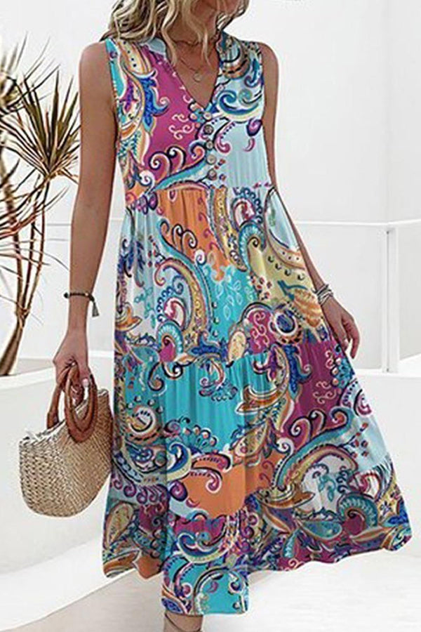 Unique Print Sleeveless Midi Dress