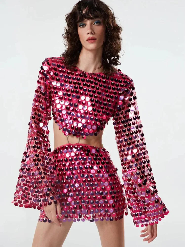 Glitter Sequins Hollow Out Mini Dress Round Neck Long Sleeves Short Dresses Female Party Outfit