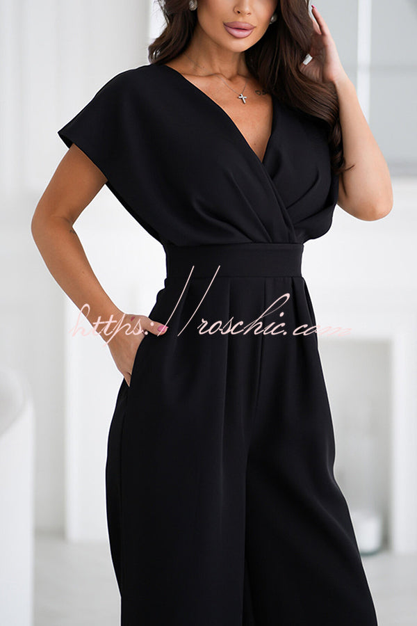 Color V-neck Waist Wide-leg Jumpsuit