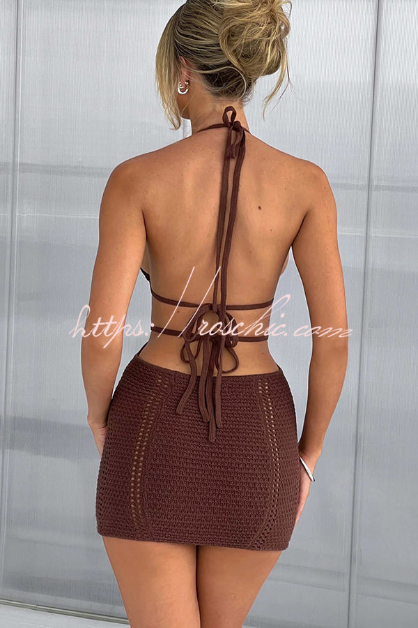 Effortlessly Cool and Knit Crochet Cutout Halter Tie-up Stretch Mini Dress