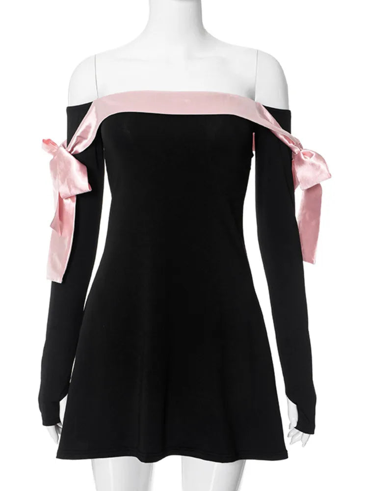 Julissa Mo Autumn Strapless Long Sleeve Bow Mini Dress for Slim A-line Outfits Patchowrk Dress New
