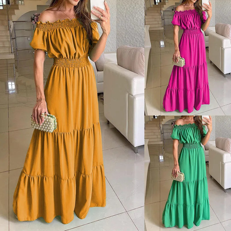 Summer Vestidos Red Short Sleeve Club Party Evening Long Dress Slim Color Robe Ruffles Elastic Waist Slash Neck
