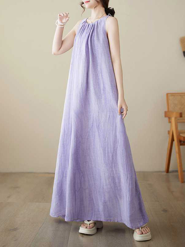 A-line Loose Pleated Color Round-neck Midi Dresses