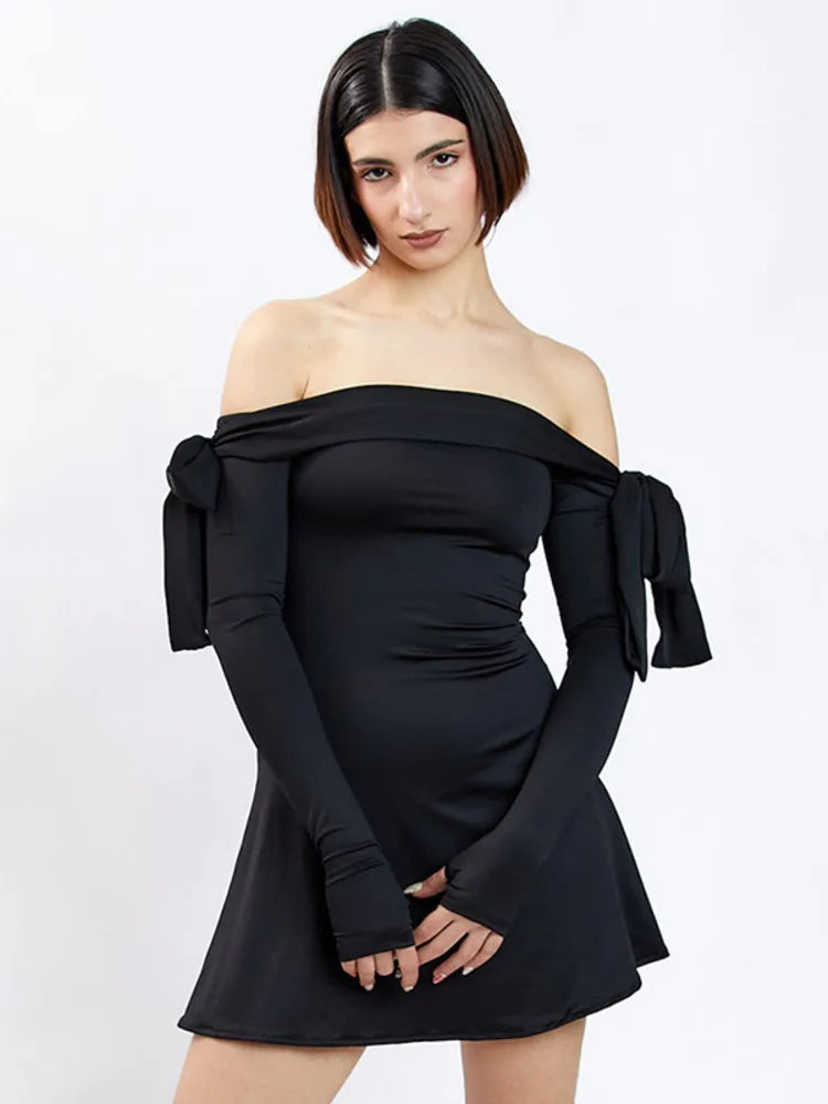 Julissa Mo Autumn Strapless Long Sleeve Bow Mini Dress for Slim A-line Outfits Patchowrk Dress New