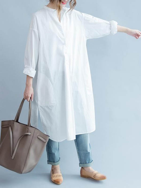 High-low Long Sleeves Buttoned Color Split-side Lapel Midi Dresses Shirt Dress