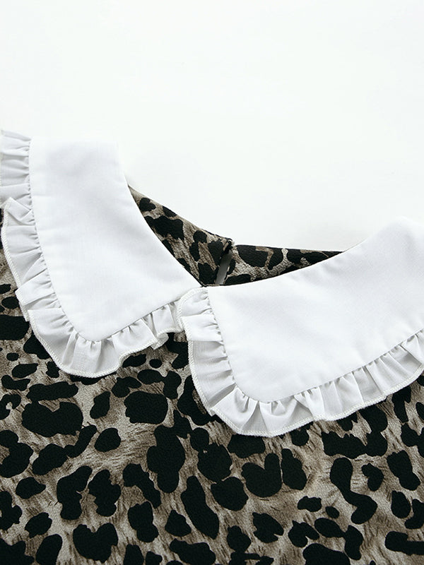 Puff Sleeves Contrast Color Falbala Leopard Split-joint Mini Dresses