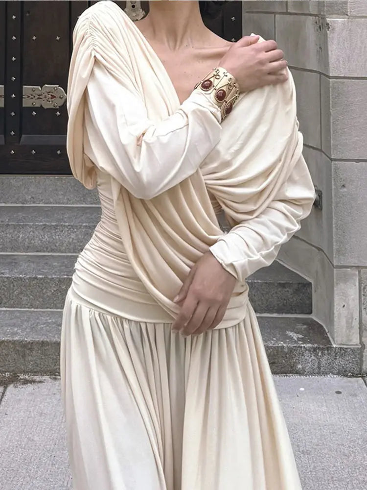 V-neck Draped Maxi Dress Long Sleeves Backless Slim Dresses New Summer Female High