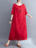 Loose Three-quarter Sleeves Jacquard See-through Color Round-neck Midi Dresses