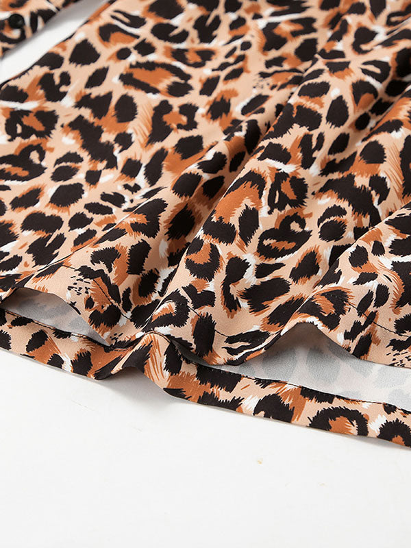 Loose Puff Sleeves Leopard Pleated Printed Split-joint Peter Pan Collar Mini Dresses Shirt Dress