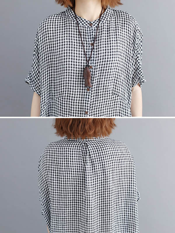Artistic Retro Loose Split-joint Plaid Buttoned Stand Collar Half Sleeves Midi Dress