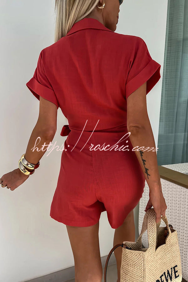 Relaxing Beach Linen Blend Color Wrap Loose Shirt Romper
