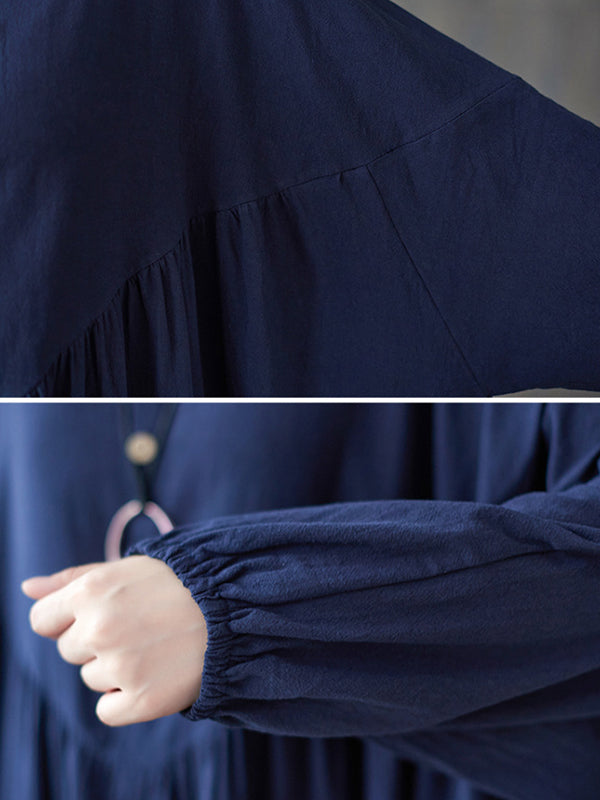 Loose Puff Sleeves Pleated Color Stand Collar Midi Dresses