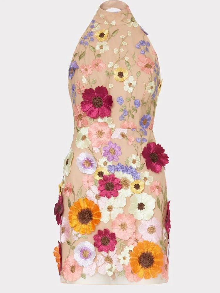 Embroidery 3d Flower Bodycon Dress for Summer Sleeveless Backless Mini Dresses Temperament Slim Vestidos De Mujer