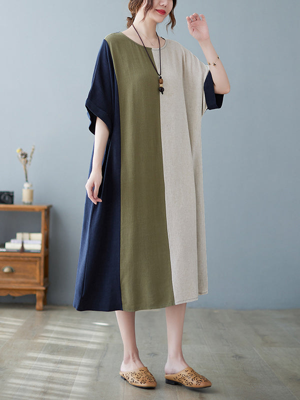 Half Sleeves Loose Contrast Color Round-neck Midi Dresses