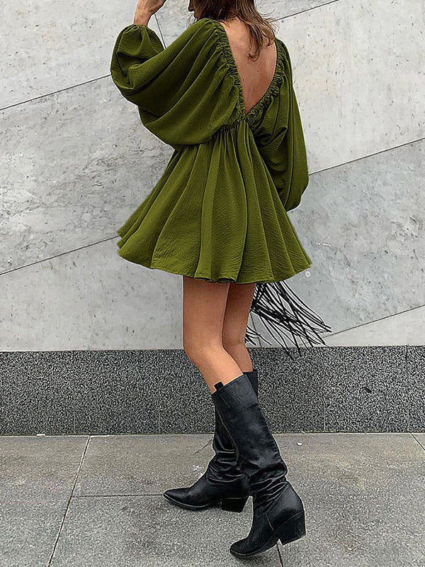 Long Sleeves Loose Elasticity Color V-back Deep V-neck Mini Dresses