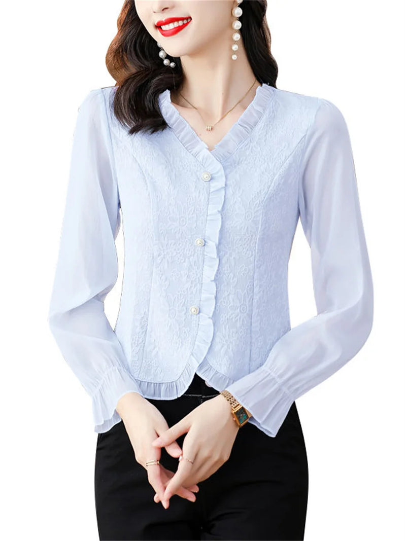 Woman Spring Autumn Style Blouses Shirts Lady Long Sleeve V-neck Color Blusas Tops Df4615