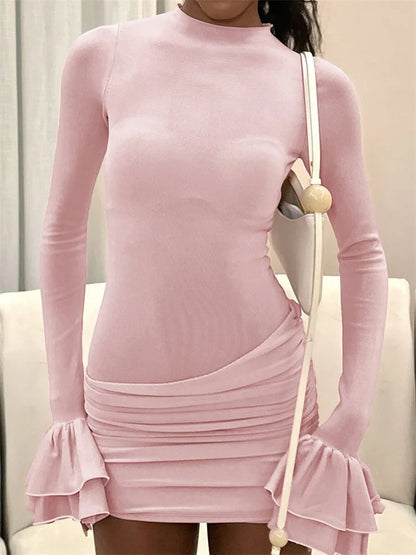 Ruffled Patchwork High Waist Mini Dress ’s Pleated Skinny Y2k Autumn Party Dress Female Dress