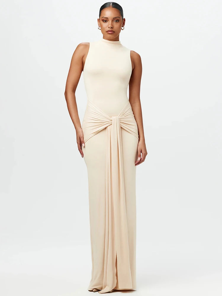 Half High Collar Irregular Tank Dress for New Sleeveless Bodycon Ruched Long Dress