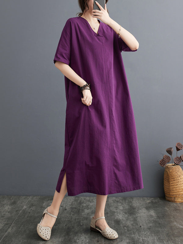 A-line Loose Chinese Frog Buttons Pockets Color Split-side V-neck Midi Dresses