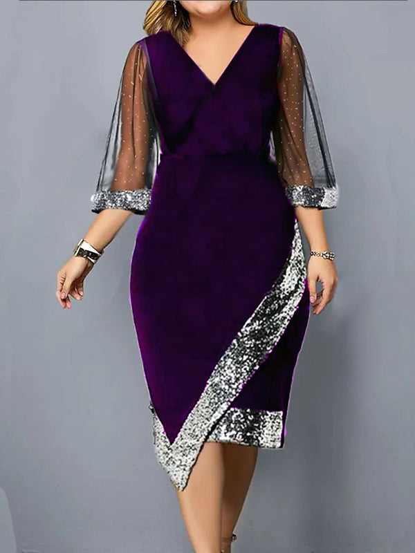 Bodycon Wrap Contrast Color Mesh Sequined Split-joint V-neck Midi Dresses