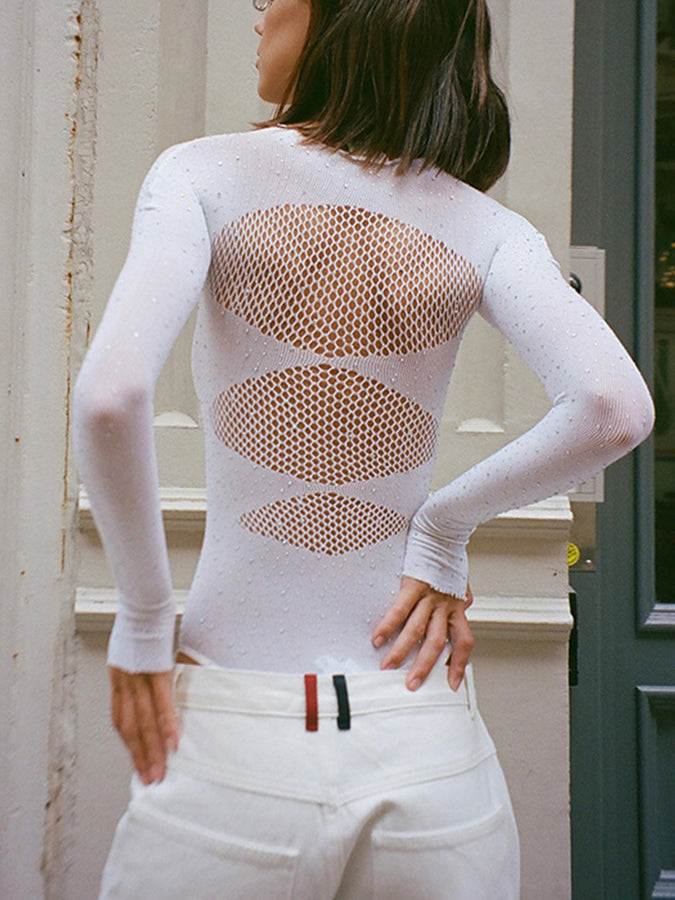 High-elastic Knitted See-through Long-sleeved Hollow Jumpsuit