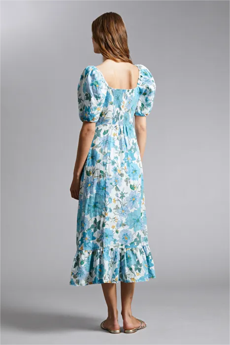 Puff Sleeve Square Collar Slit Midi Dress