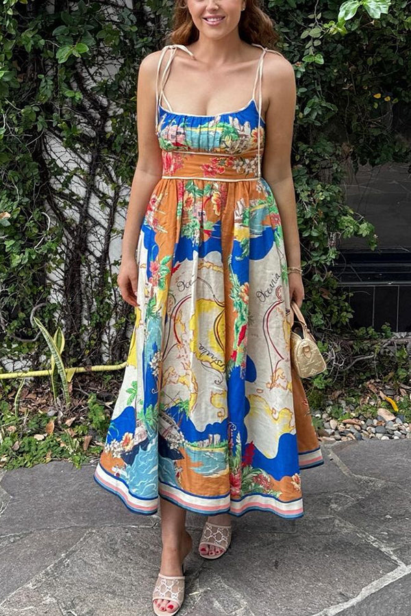 Unique Printed Lace-up Suspender Pockets Resort Style Midi Dress