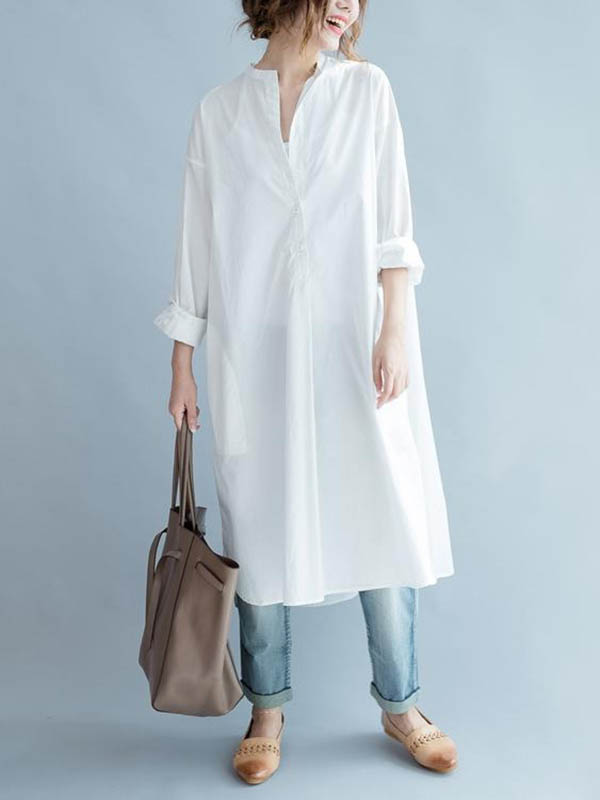 High-low Long Sleeves Buttoned Color Split-side Lapel Midi Dresses Shirt Dress