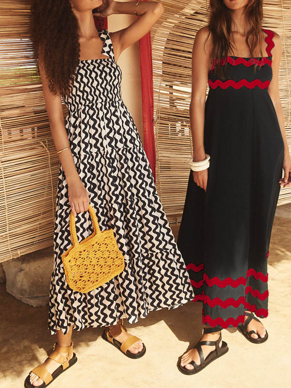 A-line High Waisted Contrast Color Zipper Square-neck Midi Dresses