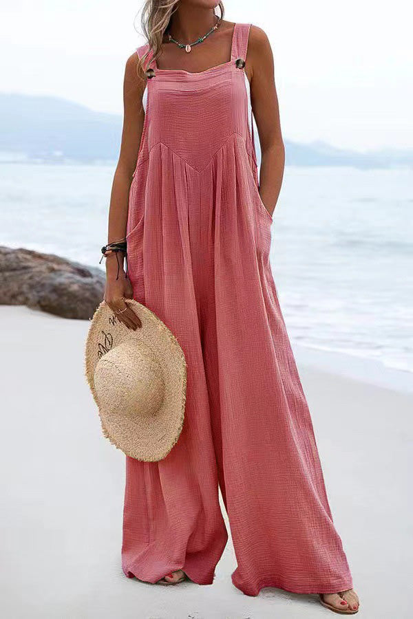 Button Suspender Wide Leg Line Jumpsuit