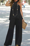 Halter Neck Color Sleeveless Wide-leg Pants Set