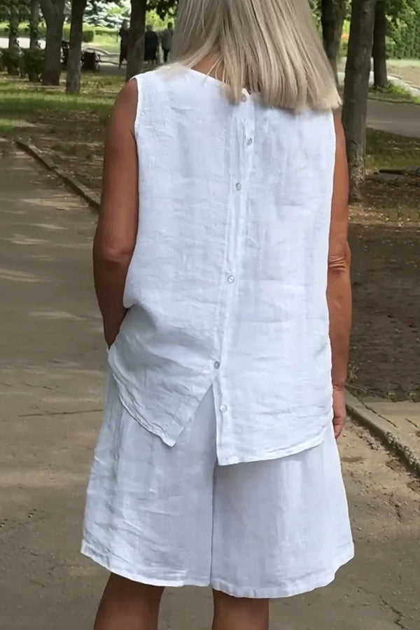 Linen Blend Sleeveless Crewneck Top and Loose Pocket Shorts Set