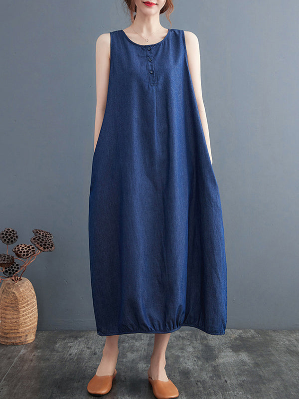 A-line Loose Buttoned Pleated Color Round-neck Midi Dresses