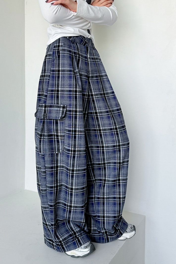 Retro Colorblock Plaid Straight Pants