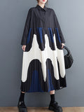 A-line Long Sleeves Contrast Color Pleated Printing Split-joint Polo Midi Dresses