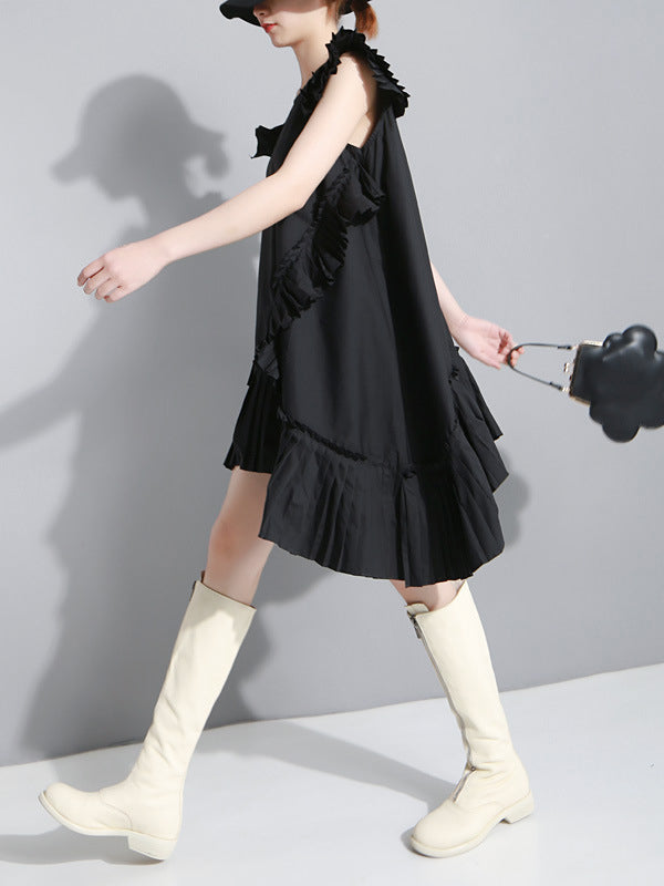 Flying Sleeves Loose Asymmetric Pleated Color Split-joint Round-neck Midi Dresses
