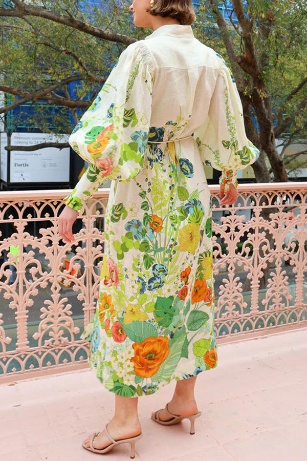Summer Party Print Balloon Sleeve Pocketed Belt Shirt Midi Dress