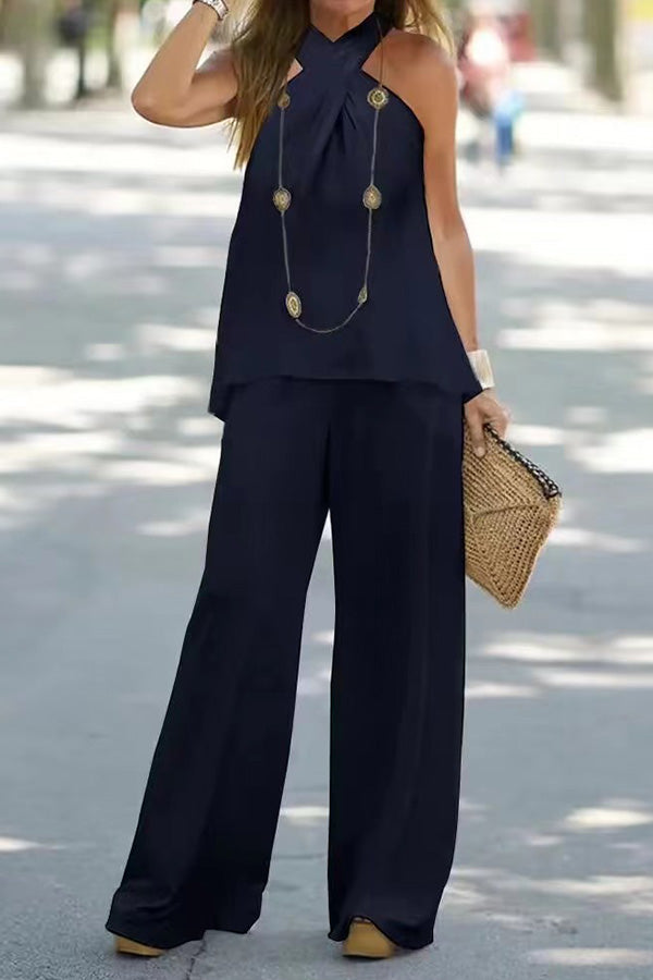 Halter Neck Color Sleeveless Wide-leg Pants Set