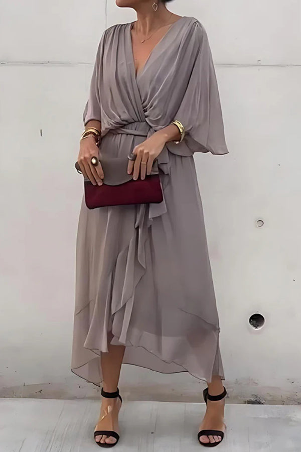 Color V-neck Bat Sleeve Lace-up Irregular Hem Midi Dress
