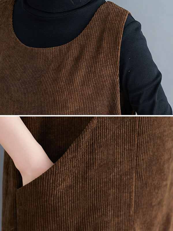 Corduroy Sleeveless Split-joint Round-neck Midi Dress