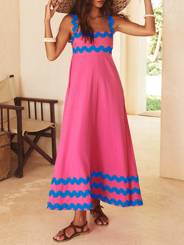 A-line High Waisted Contrast Color Zipper Square-neck Midi Dresses