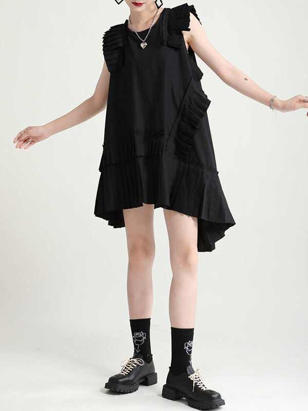 Flying Sleeves Loose Asymmetric Pleated Color Split-joint Round-neck Midi Dresses