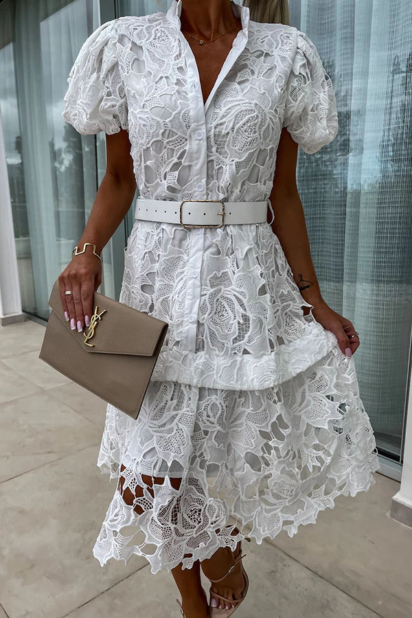 Absolutely Crochet Lace Puff Sleeve Belted Shirt Midi Dress