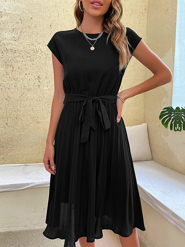A-line Loose Pleated Color Tied Waist Round-neck Midi Dresses