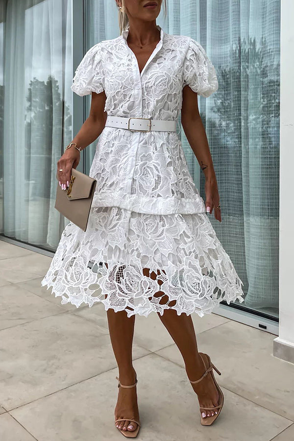 Absolutely Crochet Lace Puff Sleeve Belted Shirt Midi Dress